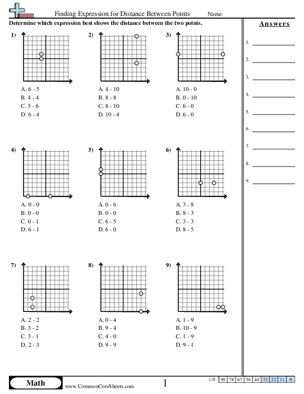 Grid Worksheets - Finding Expression for Distance Between Points worksheet